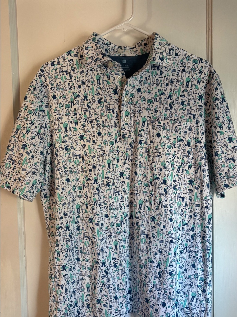 Men's Short-Sleeve Printed Polo Shirt - White with Blue & Green Pattern